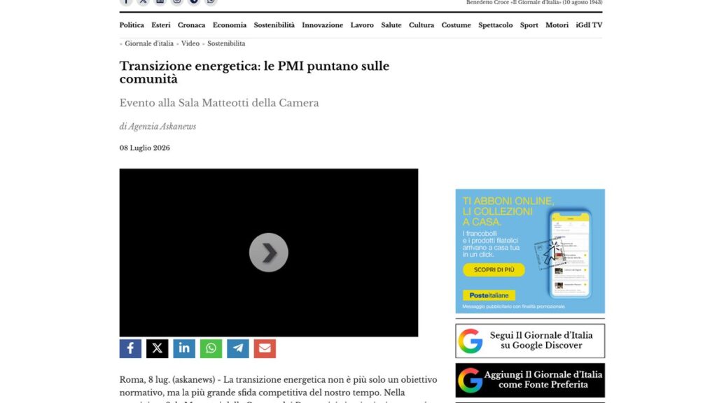 Il Giornale d'Italia: Transizione energetica: le PMI puntano sulle comunità — rassegna stampa eGreen