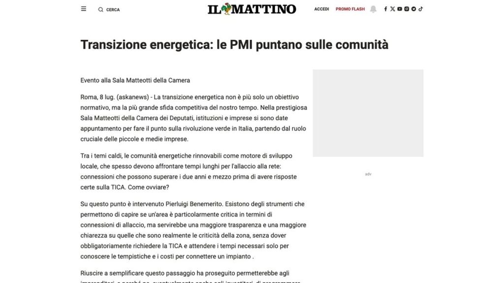 Il Mattino: Transizione energetica: le PMI puntano sulle comunità — rassegna stampa eGreen